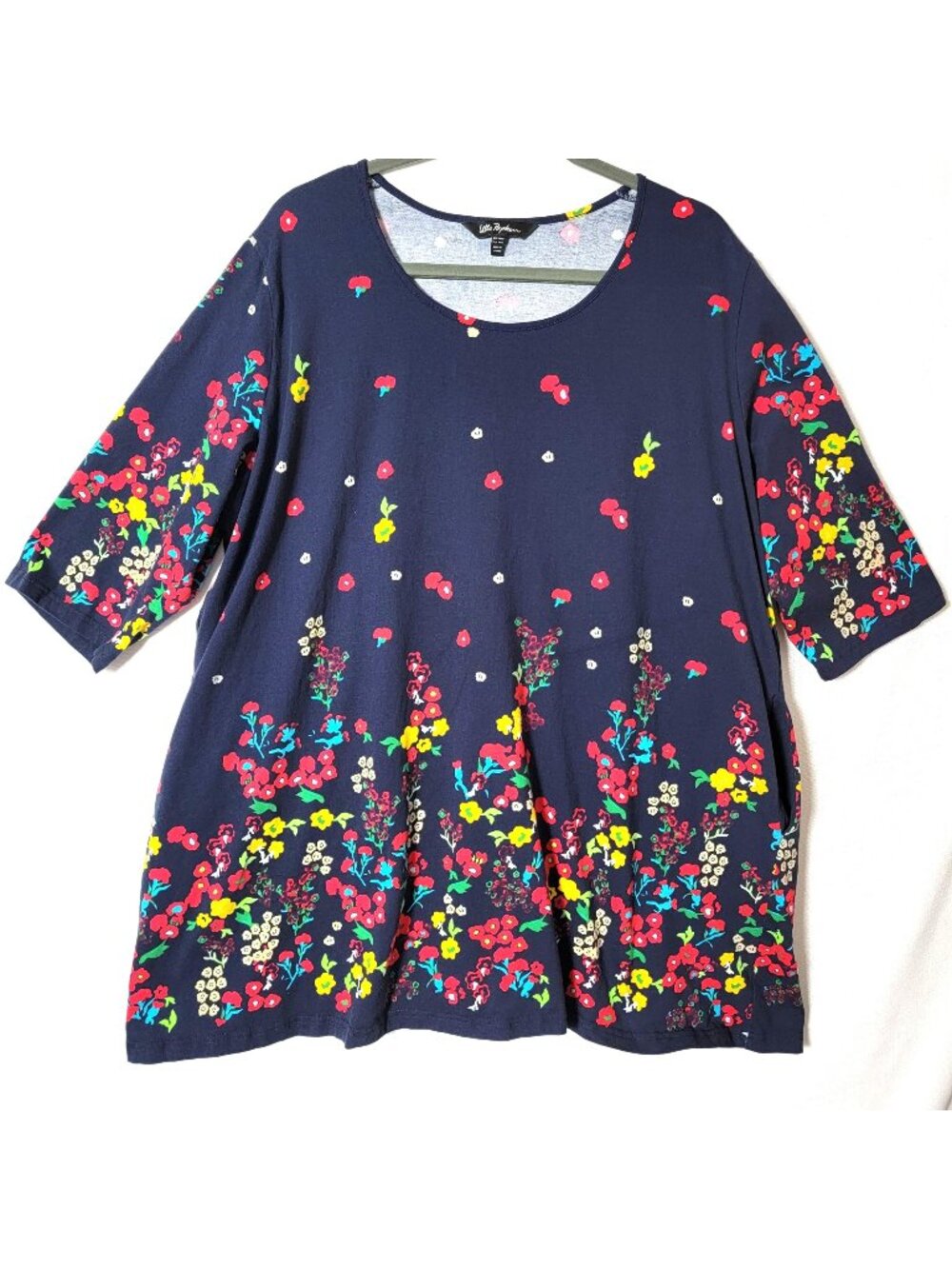 Ulla Popkin Tunic Top Womens Sz 20/22 Pullover 3/4 Sleeves Pockets Navy Floral